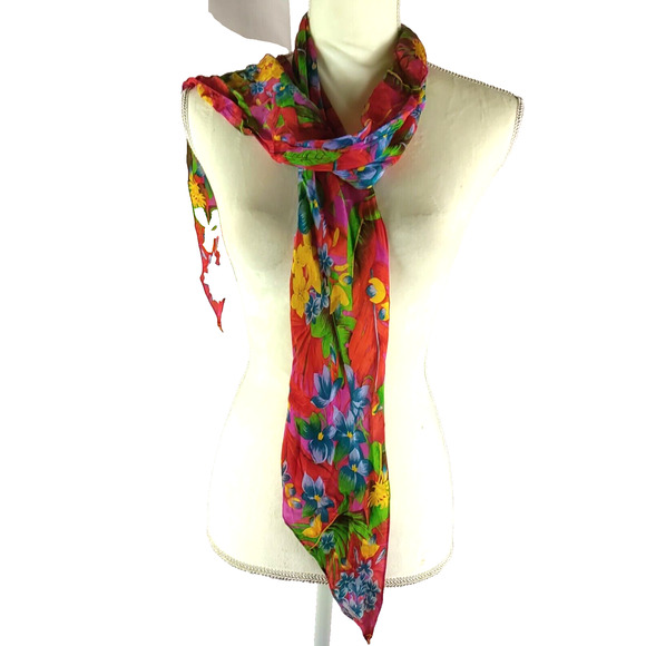 Scarf Rectangle Narrow Thin 66" X 6" Red Yellow Blue Hawaiian Floral - Picture 7 of 8